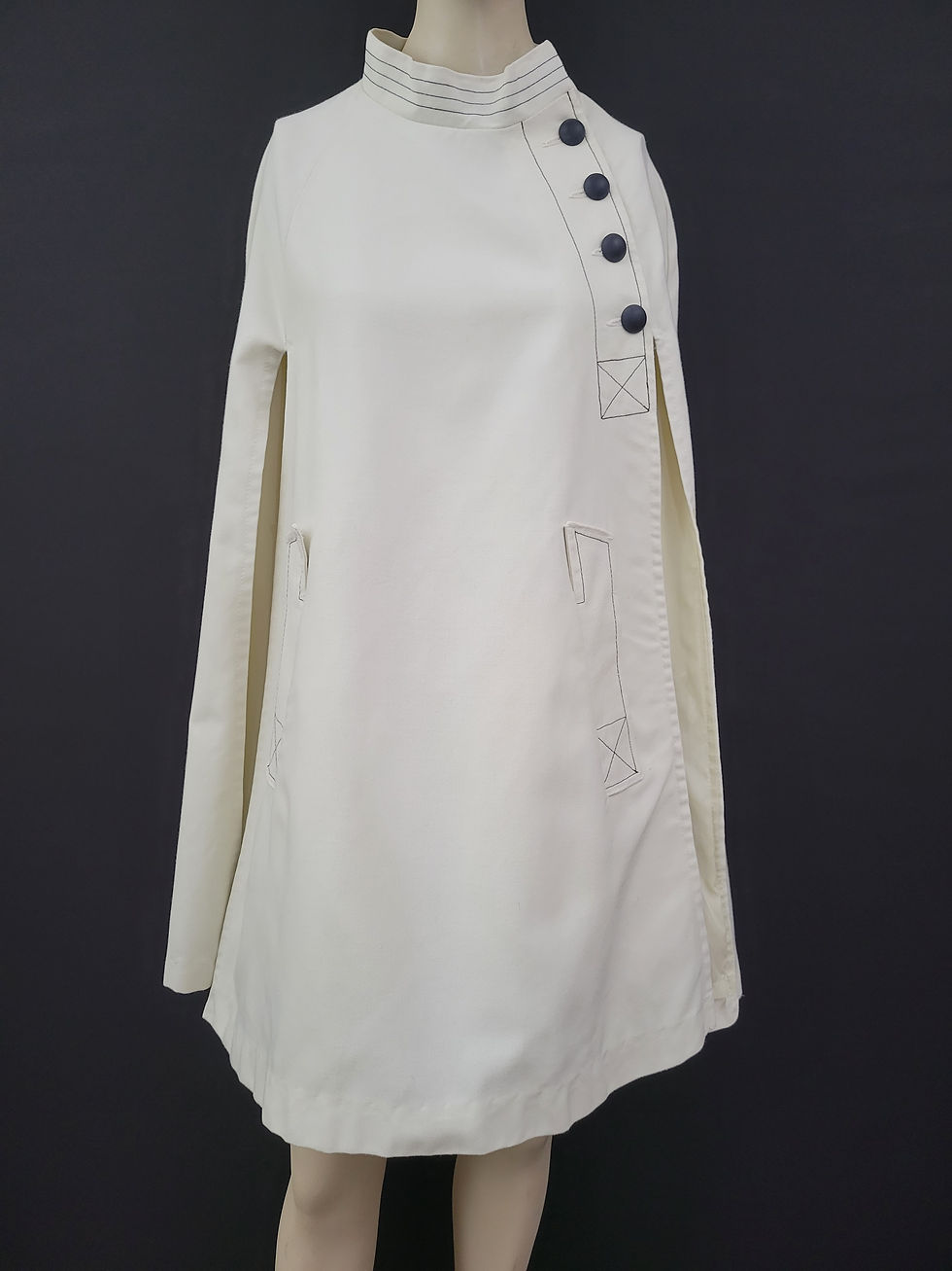 Cream With Top Navy Blue Stitching Cape Coat View 2