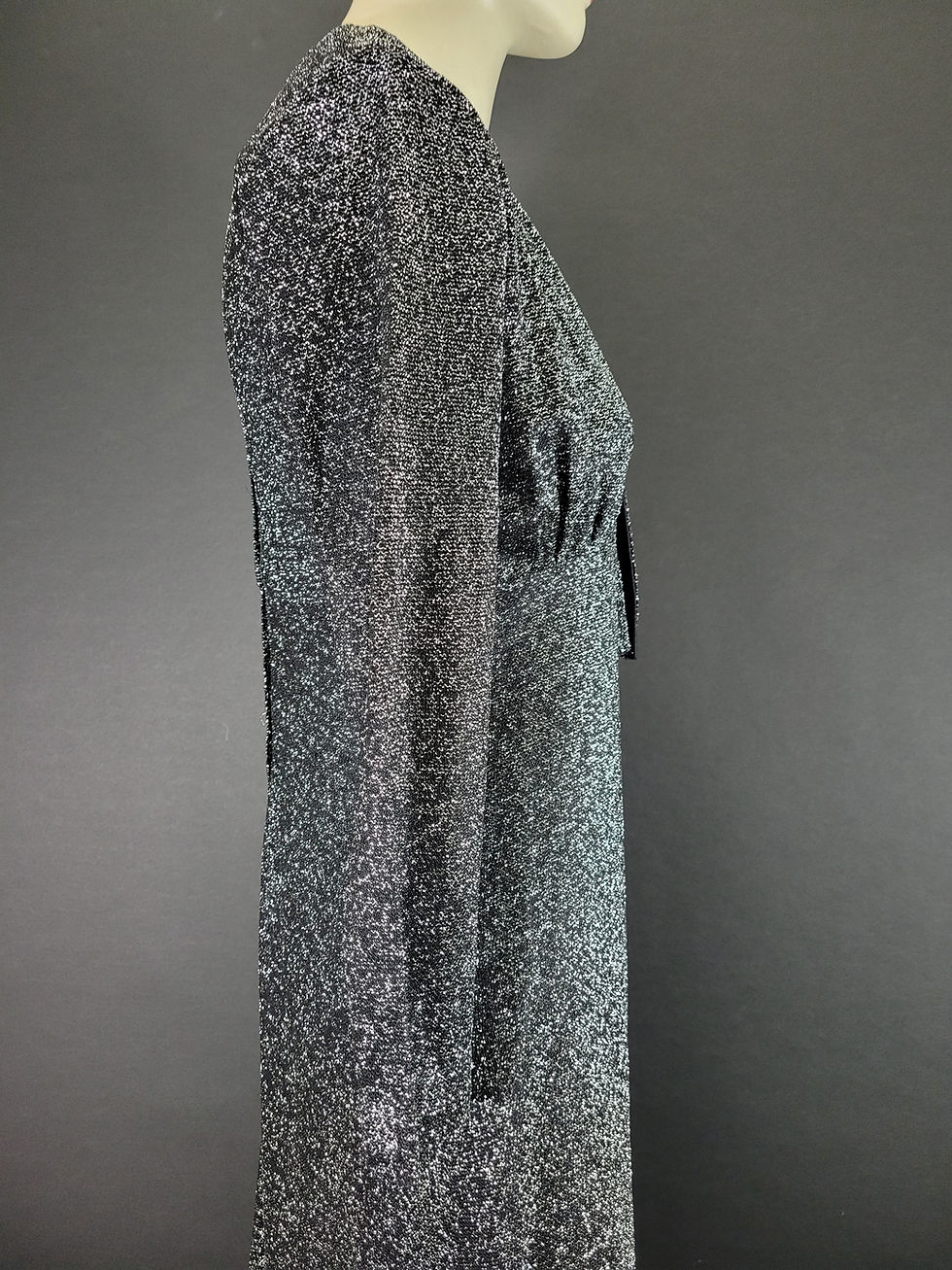 Thumbnail: Vintage Black And Metallic Silver Lurex Long Sleeve Maxi Dress View Ten