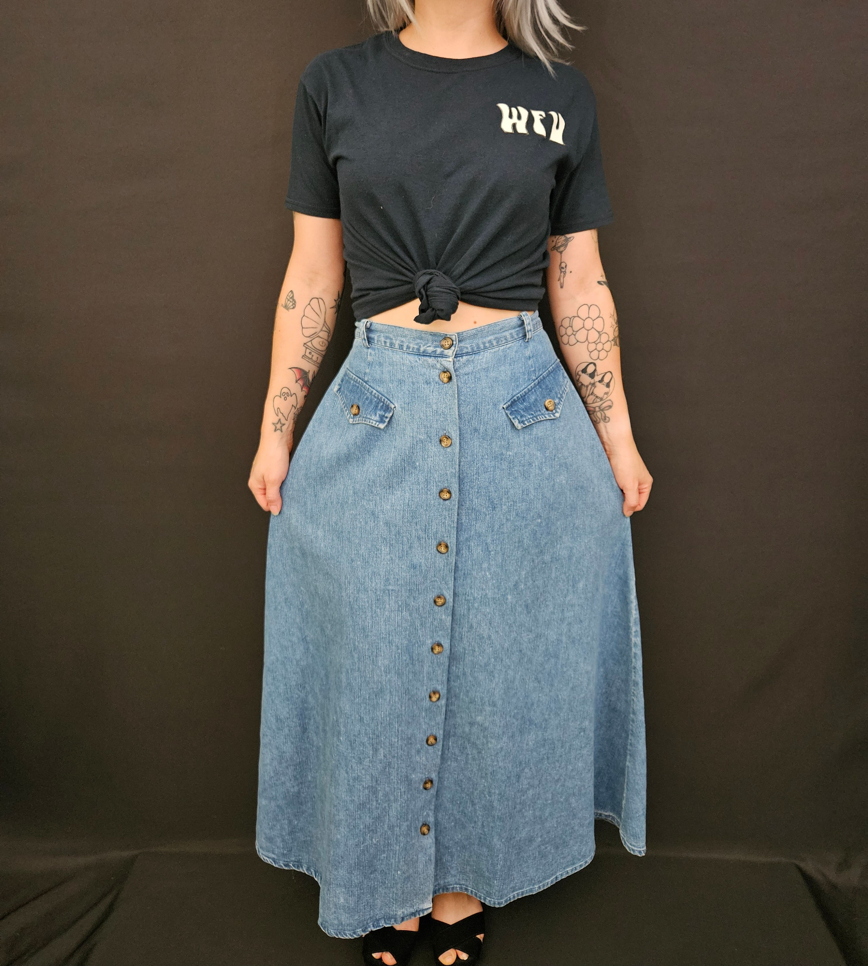 Vintage Blue Denim Button Front Maxi Skirt View One