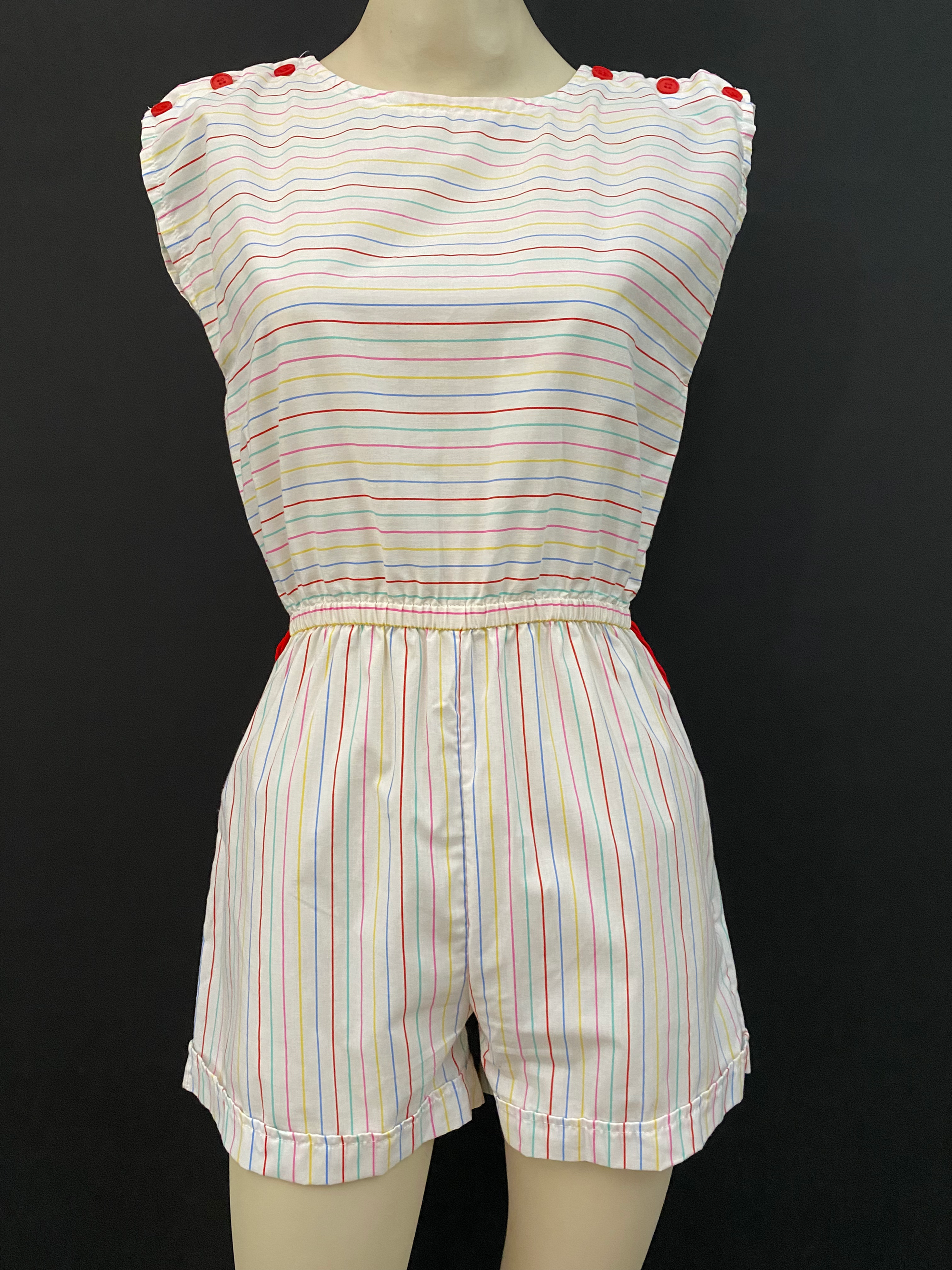 Vintage White Rainbow Striped Cap Sleeve Romper View One