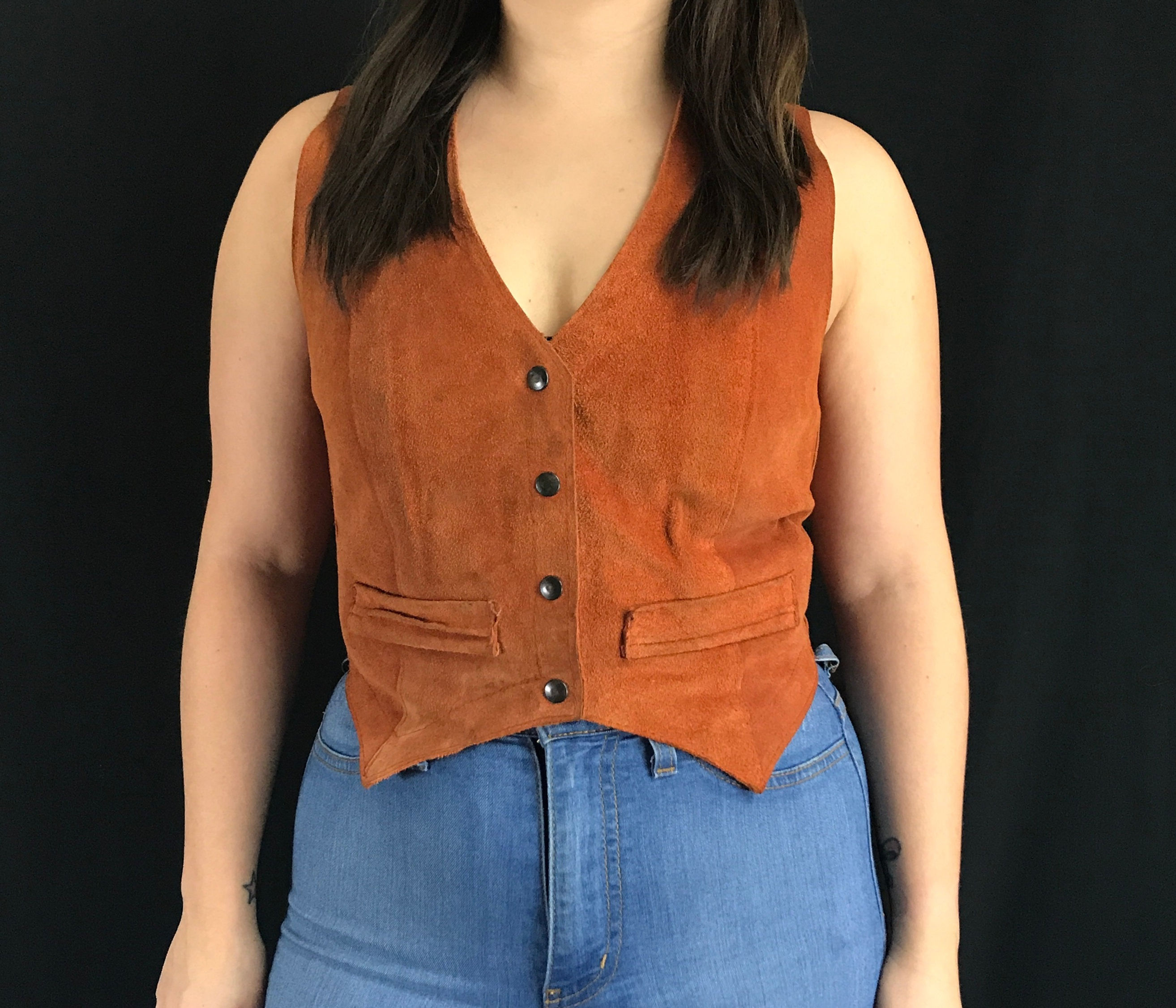 Burnt Orange Suede Leather Snap Button Vest View 1