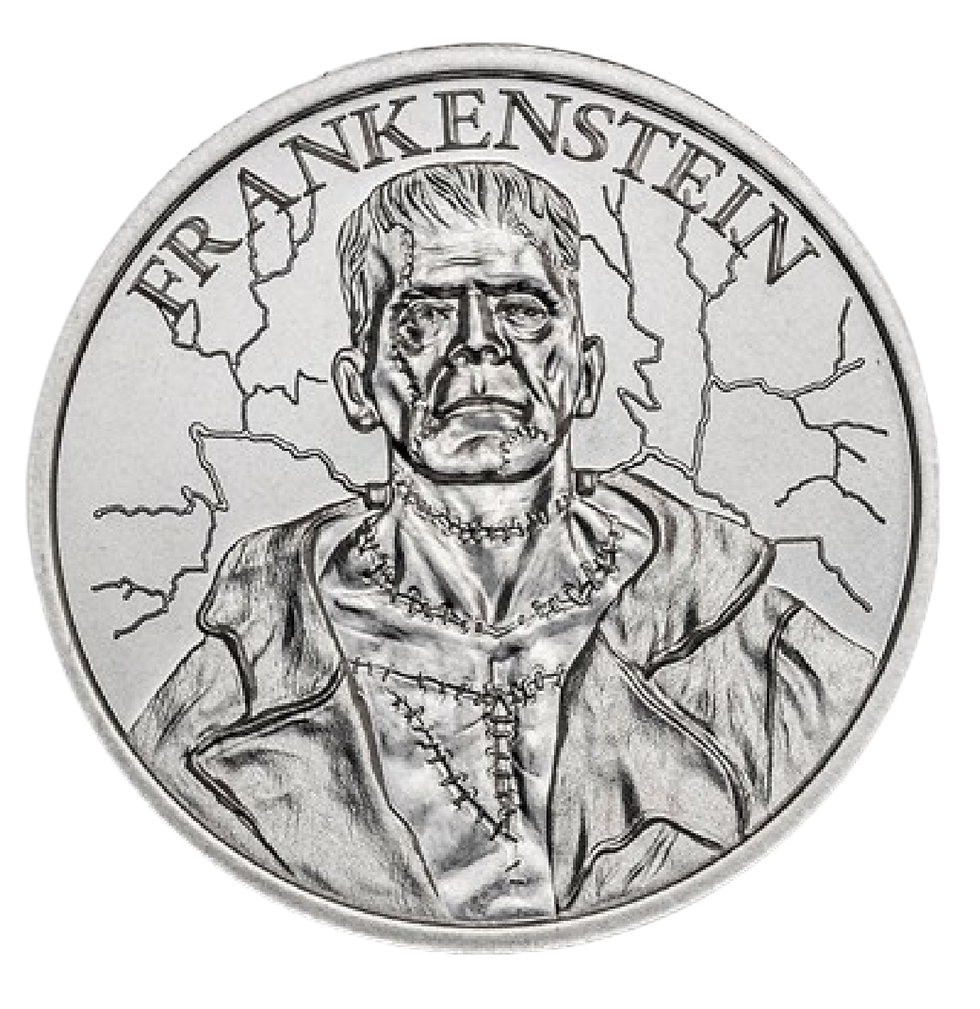 2 oz .999 fine silver Vintage Horror Series Frankenstein round featuring a detailed depiction of Frankenstein’s monster in a