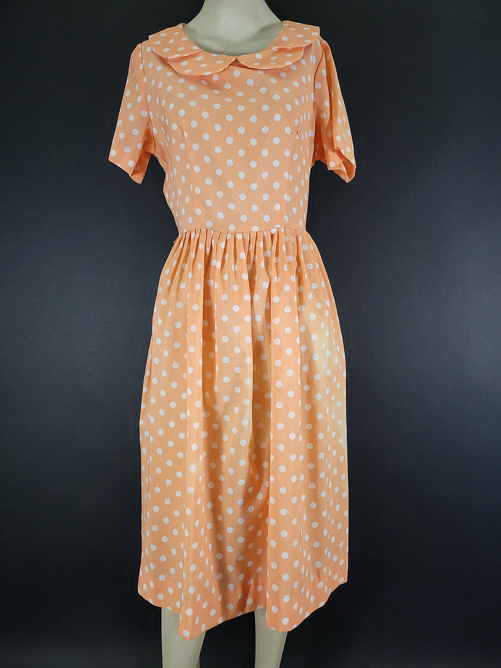 Vintage Peach And White Polka Dot Scalloped Collar Day Dress View Two