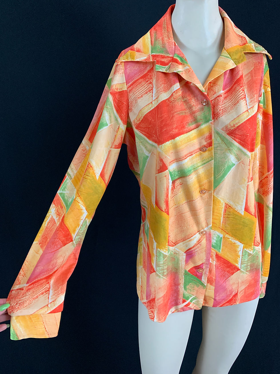 Thumbnail: Vintage Abstract Geometric Long Sleeve Button Up Top View Five