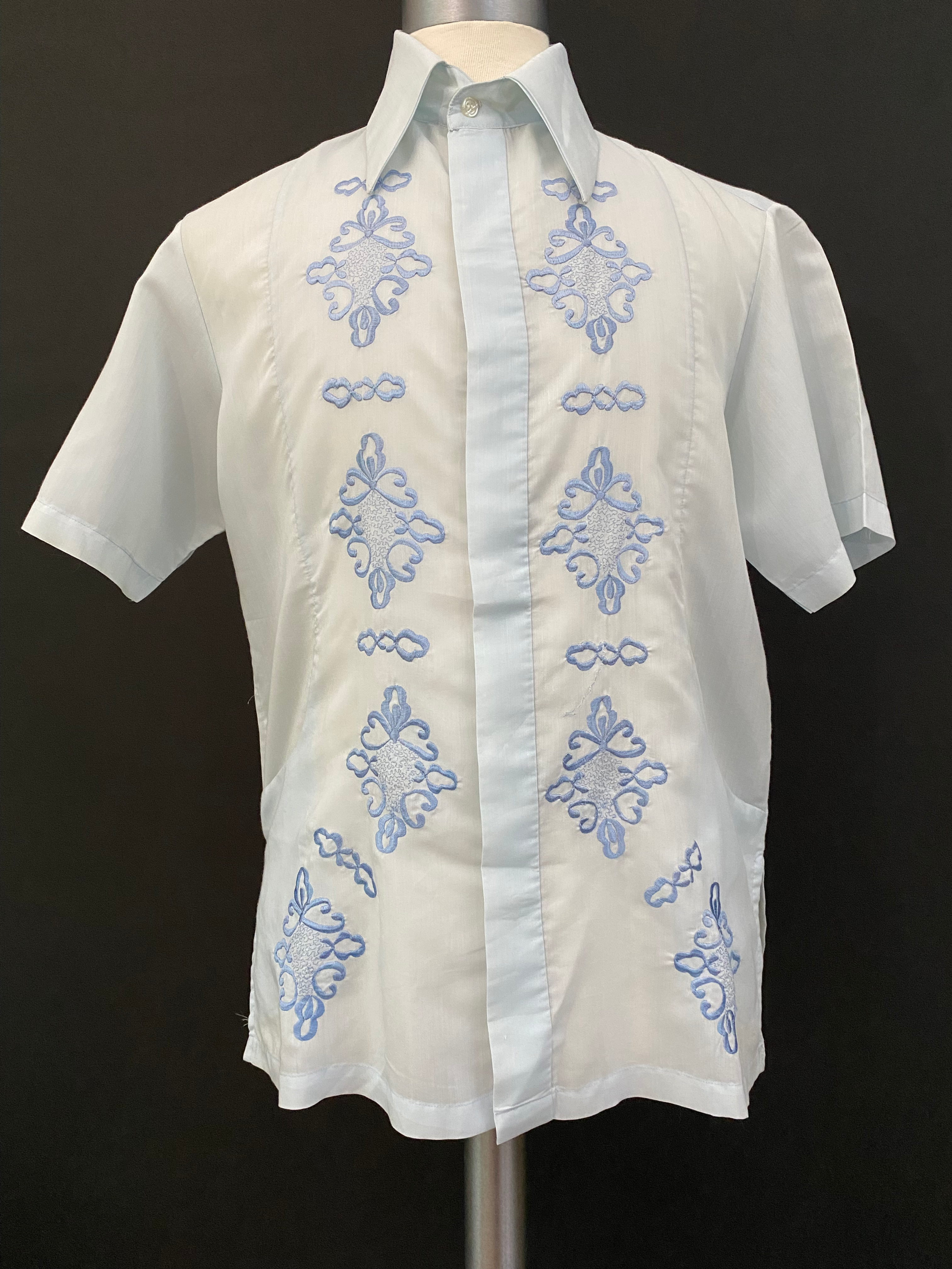 Vintage Light Blue Embroidered Guayabera Button Down Short Sleeve Shirt View One