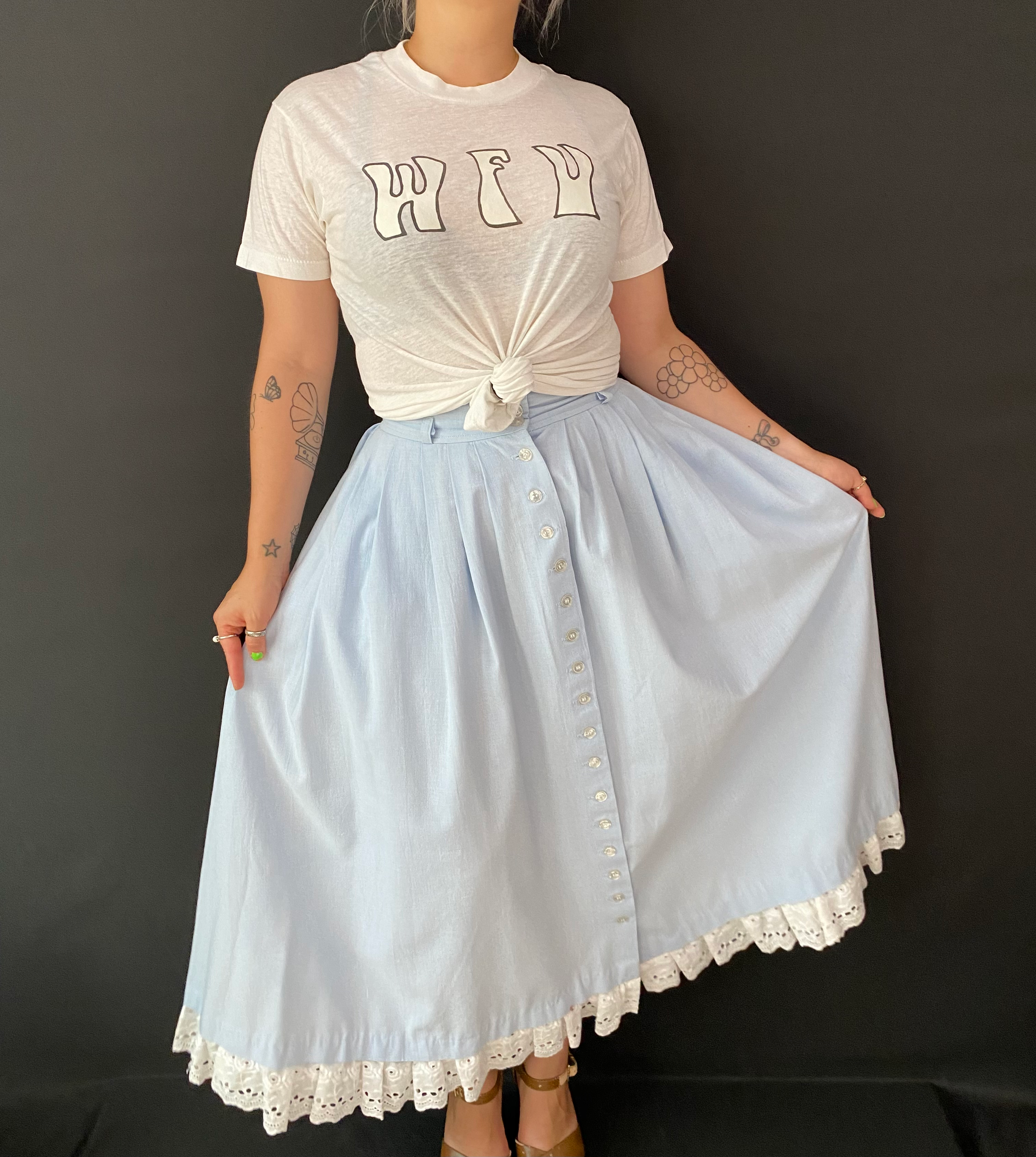 Vintage Light Blue Lace Hem Button Front Skirt View 1