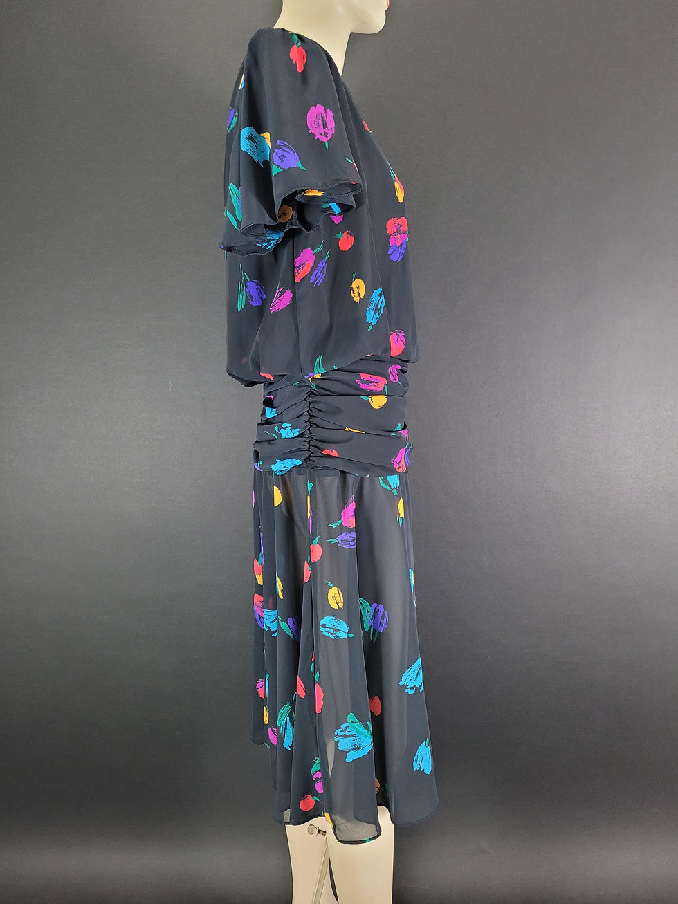Thumbnail: Vintage Sheer Black Abstract Colorful Floral Flutter Sleeve Dress View Nine
