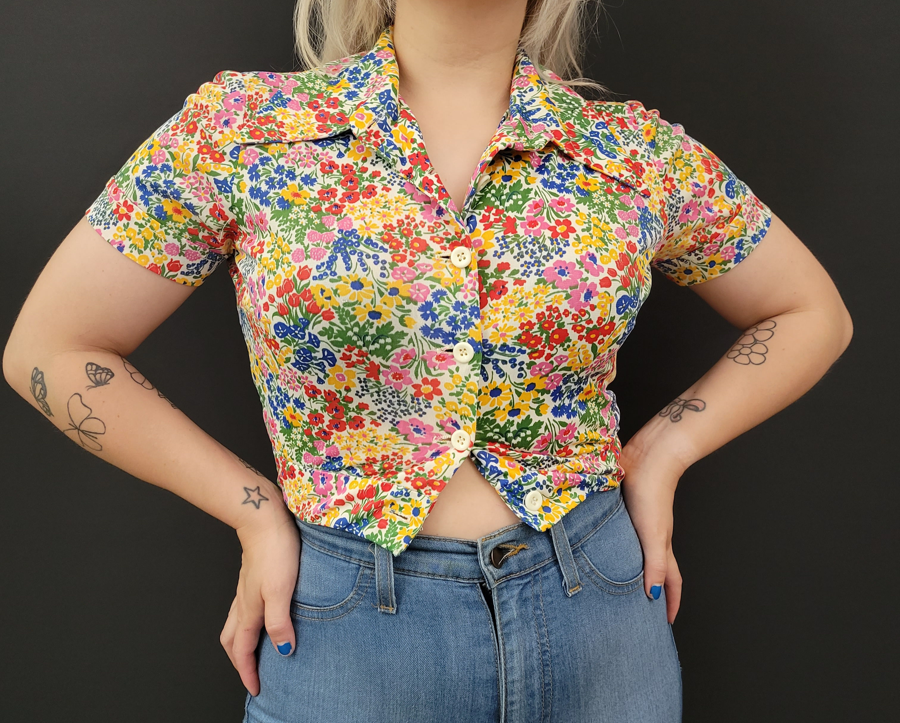 Colorful Floral Cropped Short Sleeve Button Up Top View 1