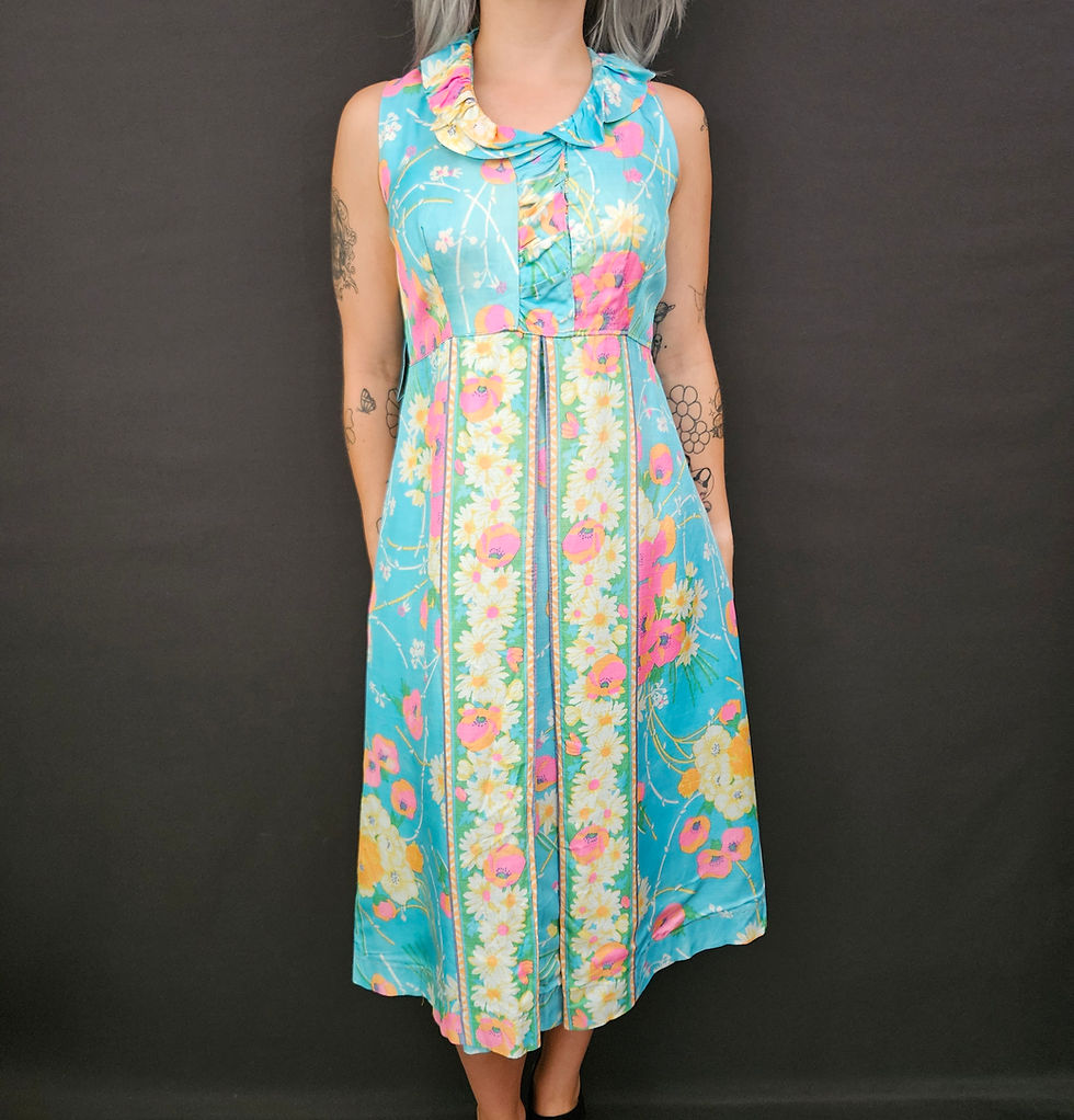 Vintage Sky Blue Colorful Floral Sleeveless Ruffle Empire Waist Inverted Pleat Dress View One