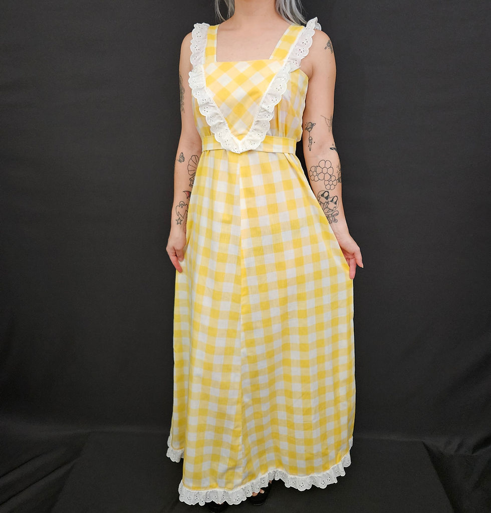 Vintage Yellow Gingham Ruffle Trim Sleeveless Maxi Dress View One