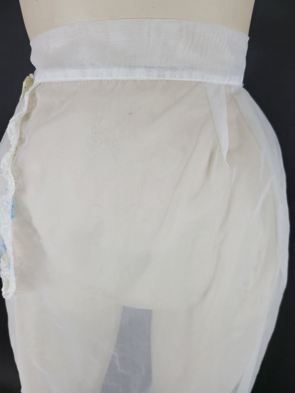 Thumbnail: Vintage White Embroidered Floral Sheer Half Apron With Lace Trim View Three