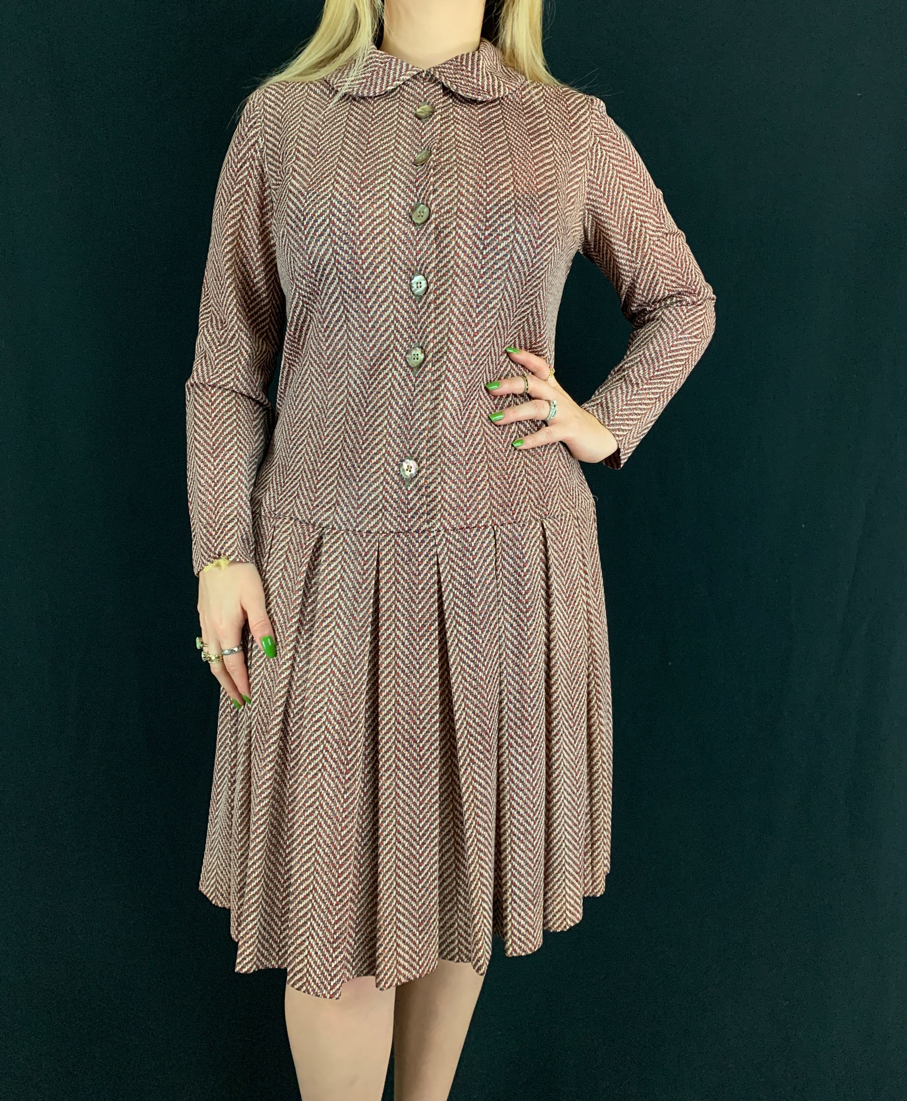 Vintage Brown Long Sleeve Peter Pan Collar Drop Waist Dress View One