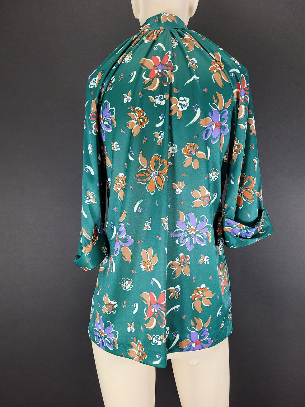 Thumbnail: Vintage Teal Floral Polyester Blouse View Eleven