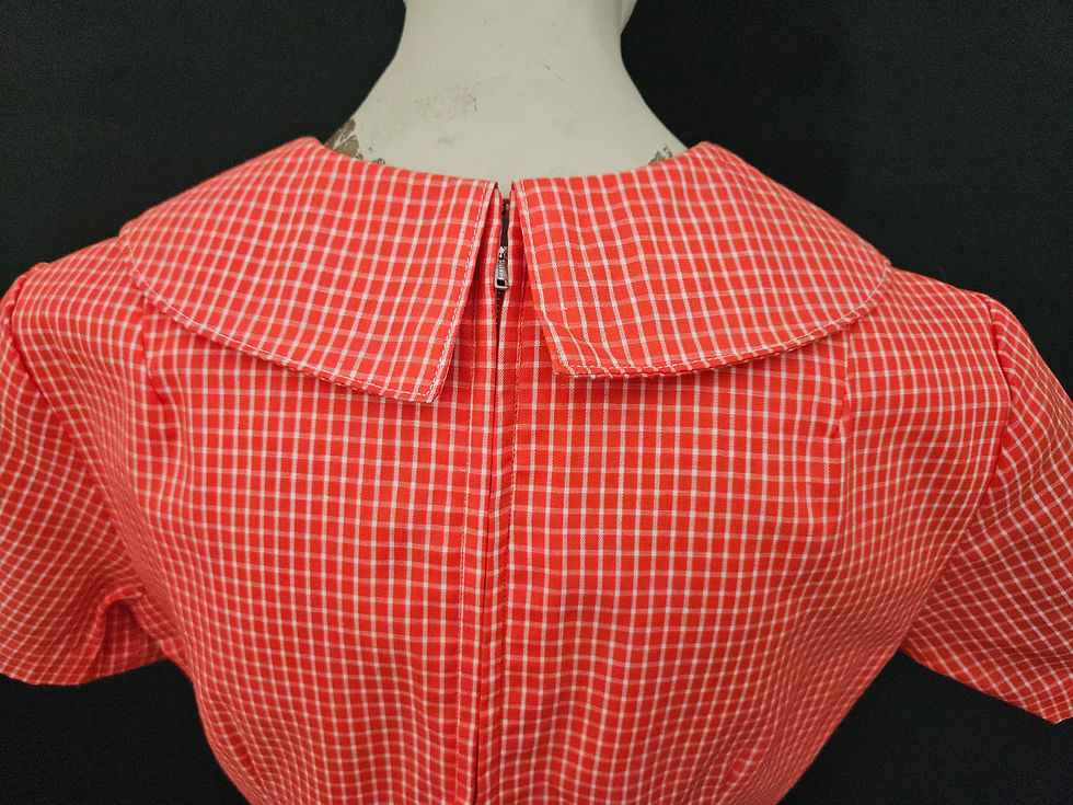 Thumbnail: Vintage Red Grid Check Plaid Peter Pan Collar A-Line Short Sleeve Shift Dress View Twelve