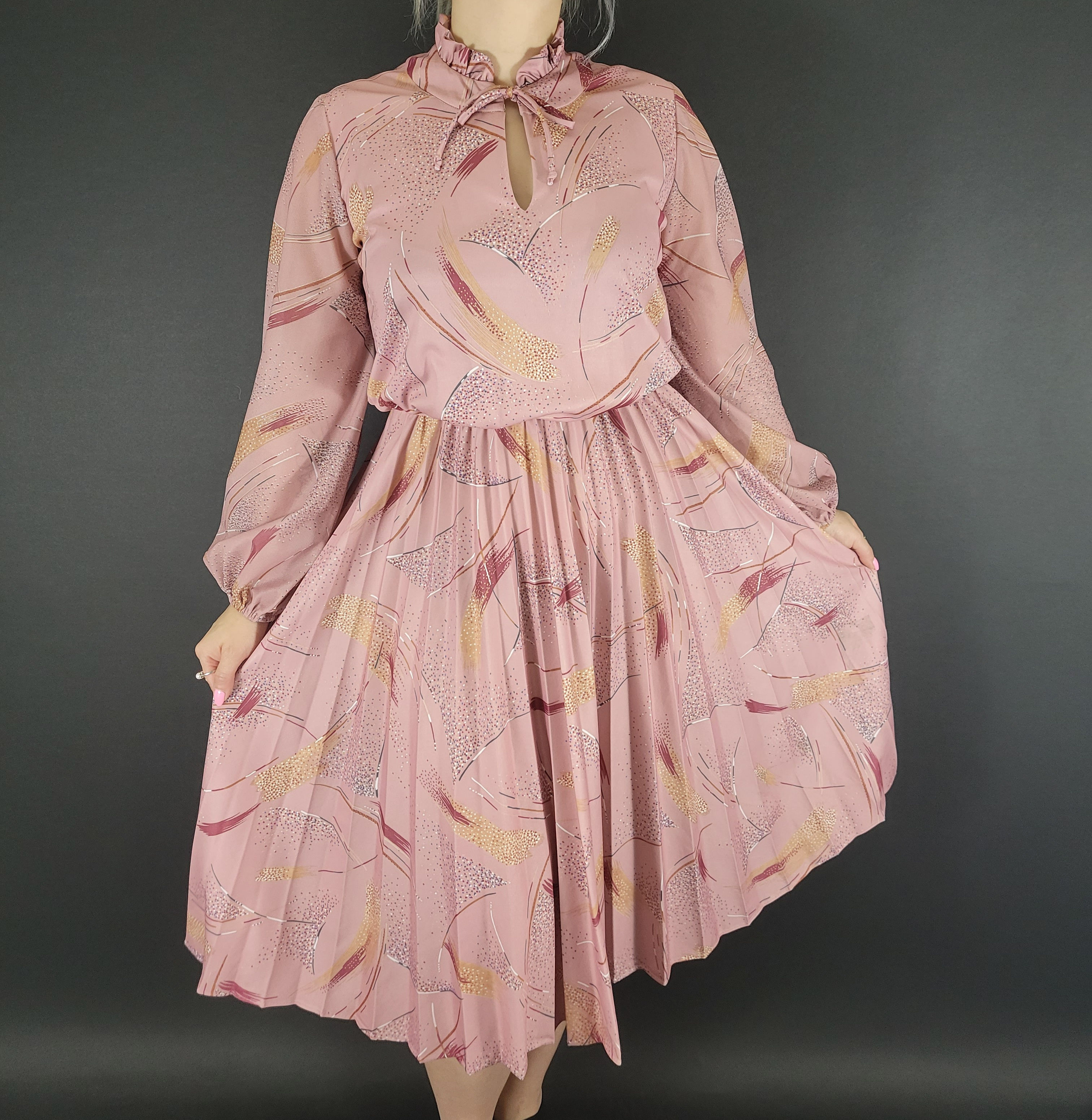 Vintage Rose Pink Abstract Long Sleeve Ruffle Tie Neck Pleated Dress View One