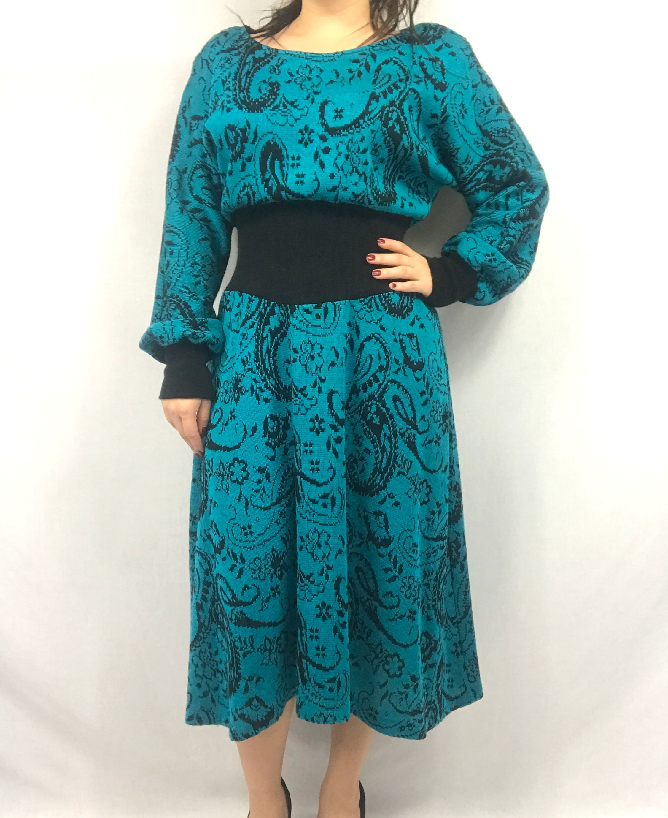Teal Blue And Black Paisley Floral Sweater Dress View 1