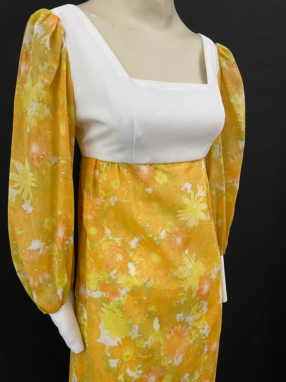 Thumbnail: Vintage Psychedelic Yellow Flower Power Long Sleeve Maxi Dress View Four