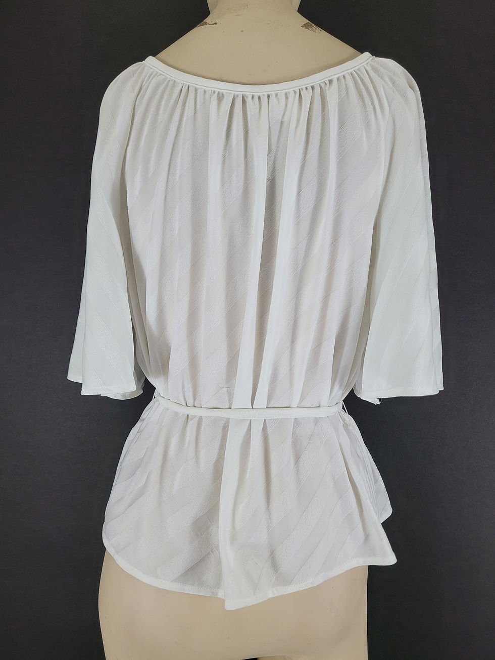 Thumbnail: Vintage White Striped Bell Sleeve Tie Waist Top View Ten