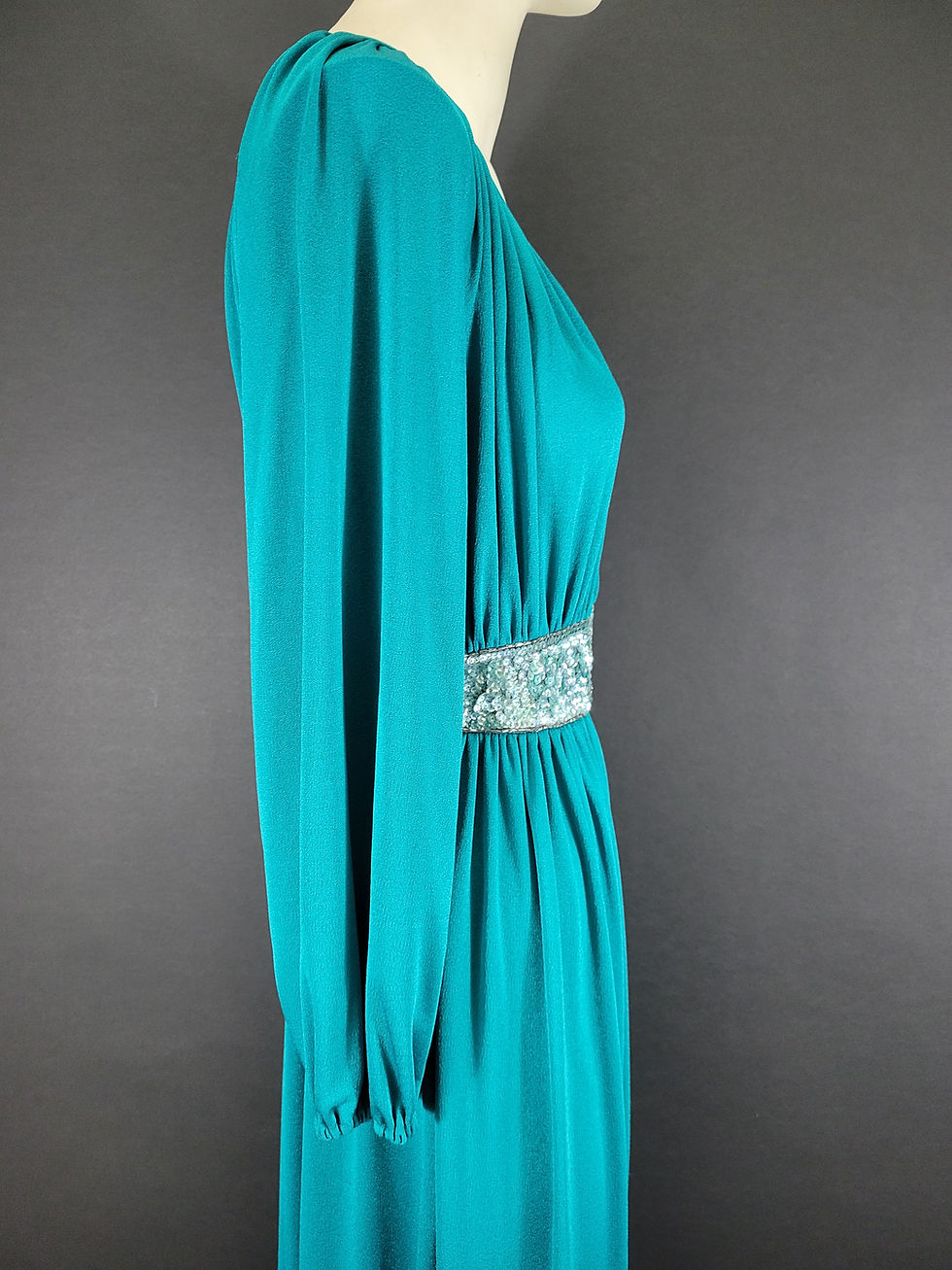 Thumbnail: Vintage Teal Long Sleeve Sequin Waist Pleated Dress View Eight