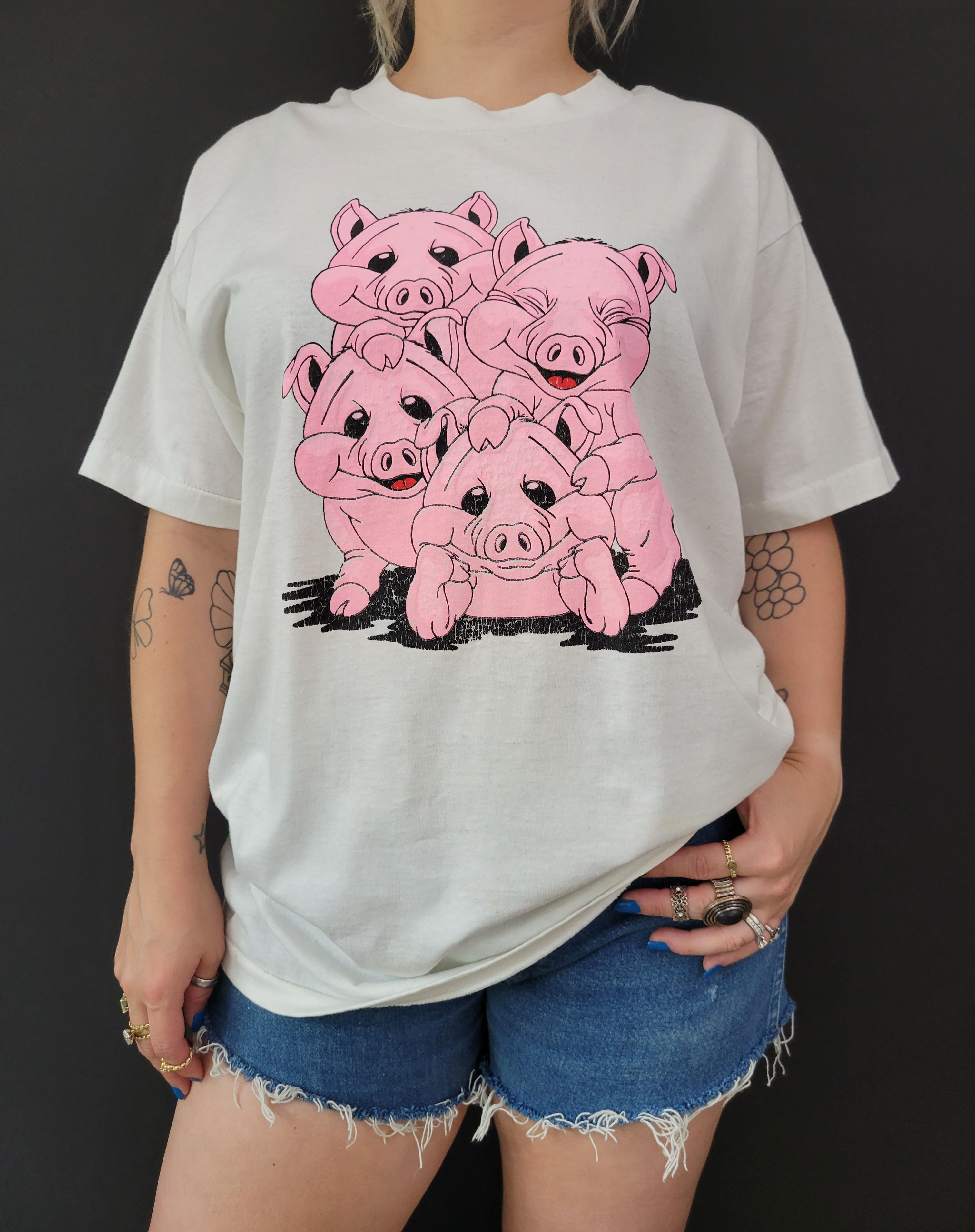White and Pink Short Sleeve Single Stitch Piglets T-Shirt View 1