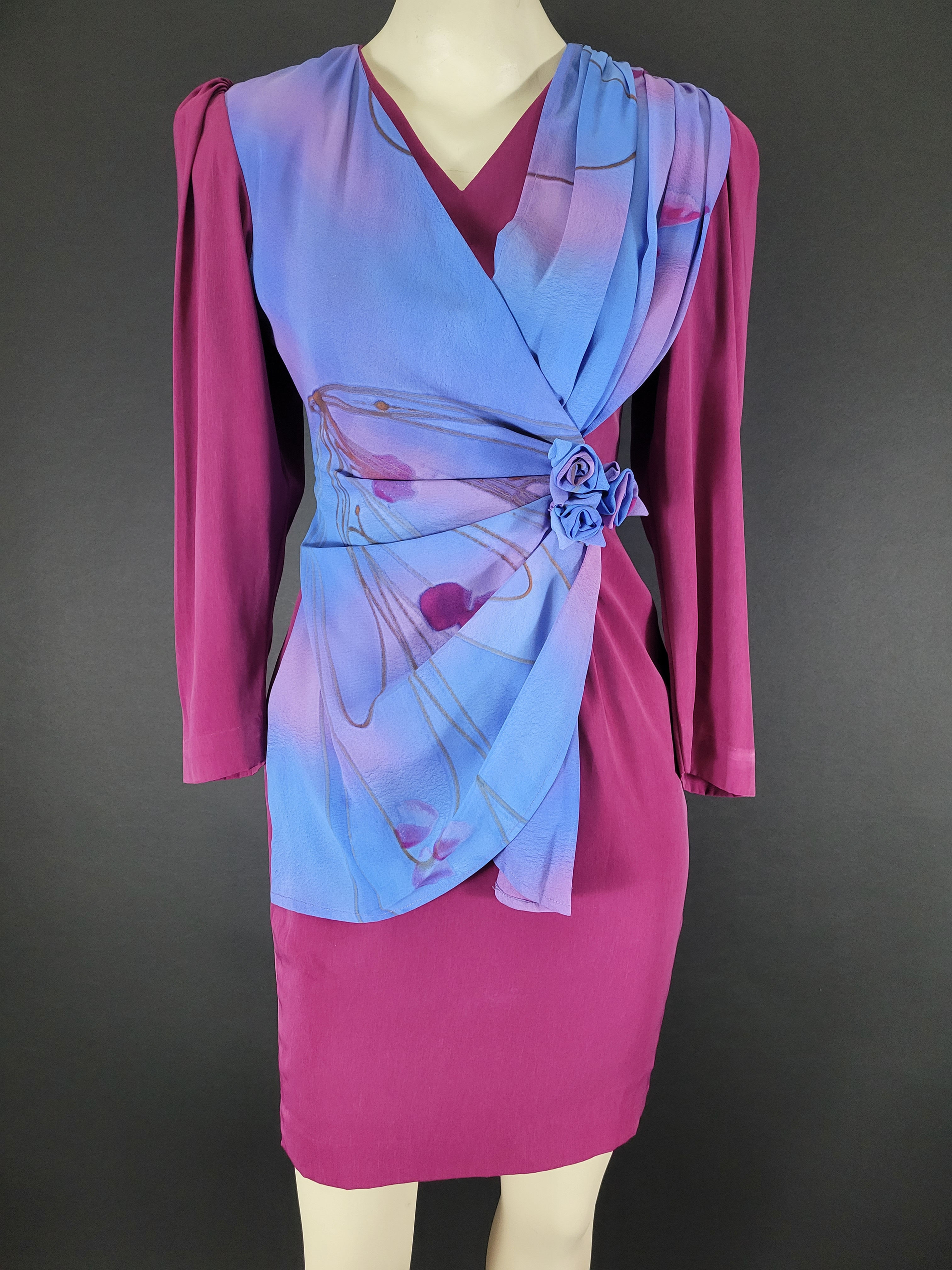Vintage Magenta Long Sleeve Draped Front Sheath Dress View One