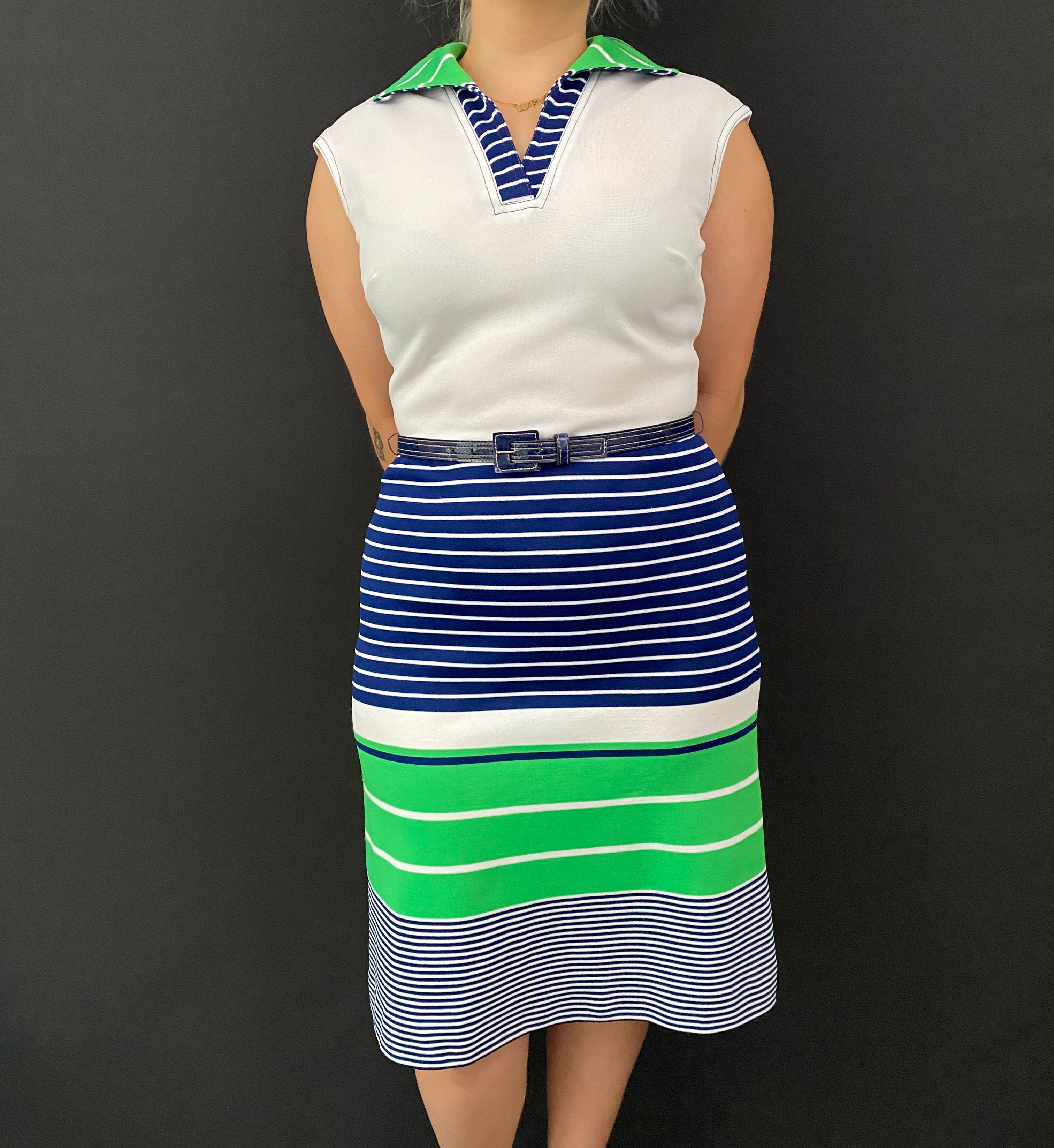 Vintage Mod Sleeveless Striped Belted Dress View 1