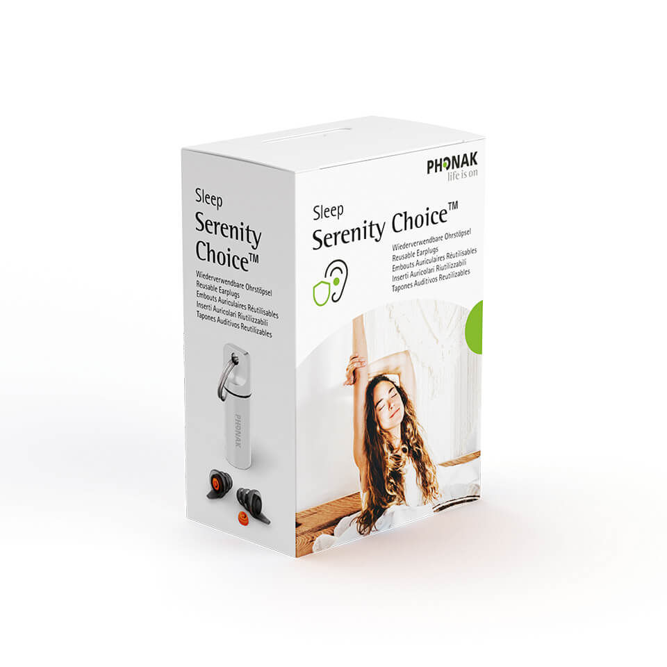 Auf dem Bild ist die Verpackung des Phonak Serenity Choice Sleep Gehörschutzes zu sehen.