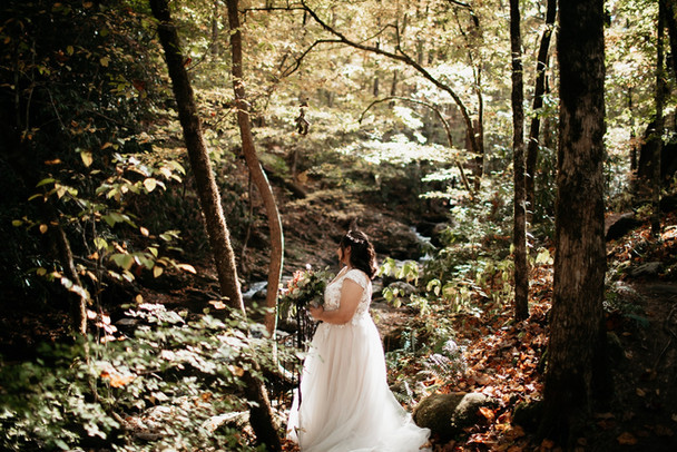 elope to gatlinburg with bride in a tulle wedding dress standing in the woods next to a cheek as the sun shines through the trees from above 