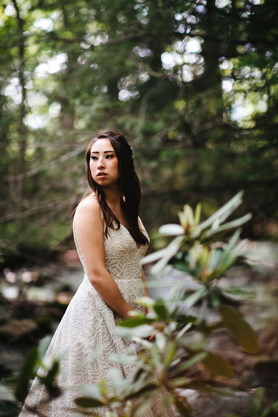 smoky mountain elopement with bride in a forest looking over her shoulder captured by gatlinburg photographers gatlinburg elopement packages