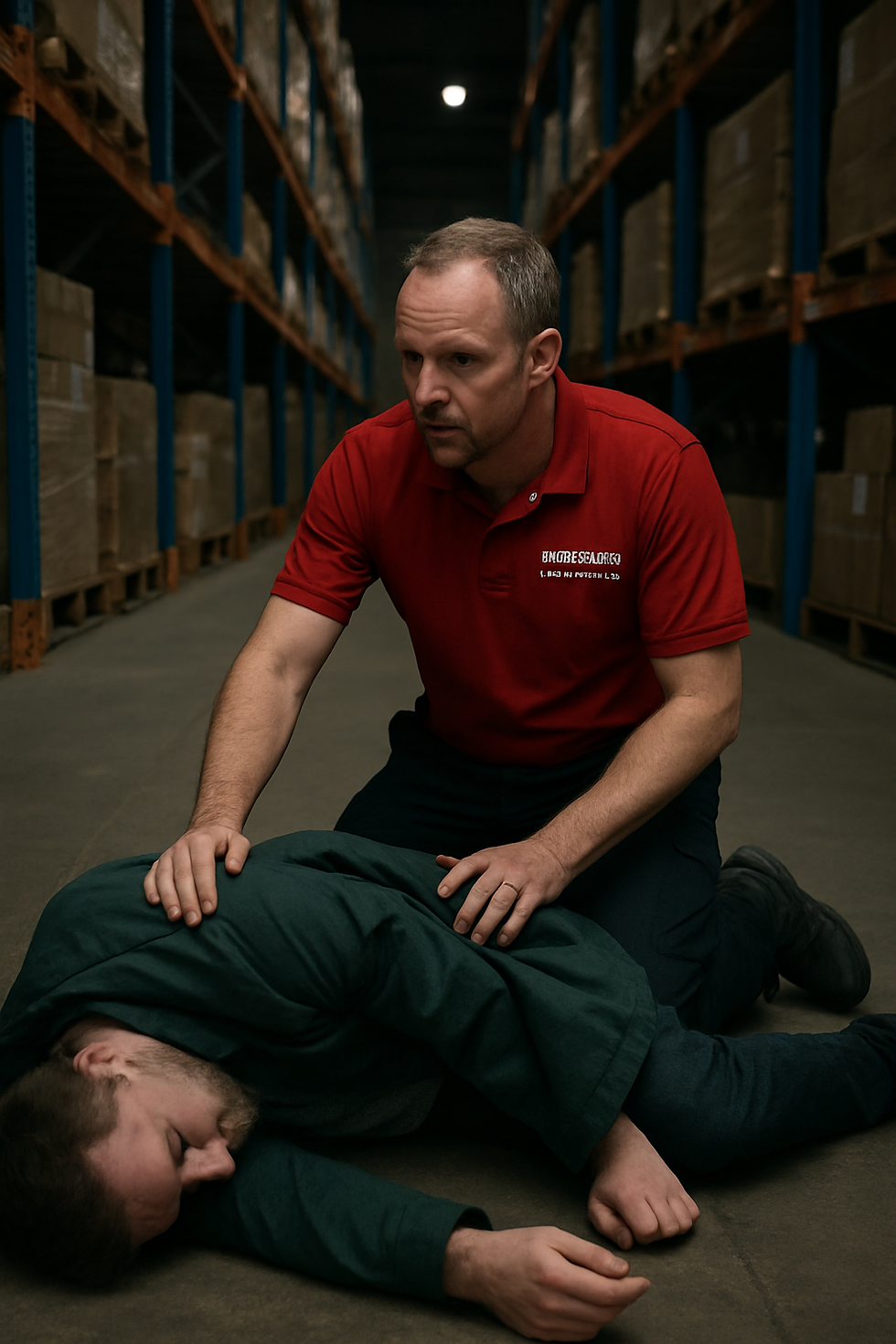 First aider assisting fallen person in warehouse