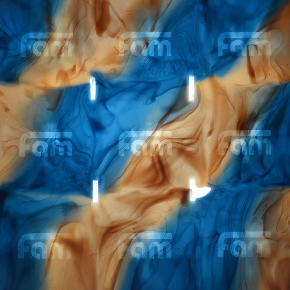 Translucent recycled plastic sheet detail with flowing marble-effect pattern in blue and amber tones