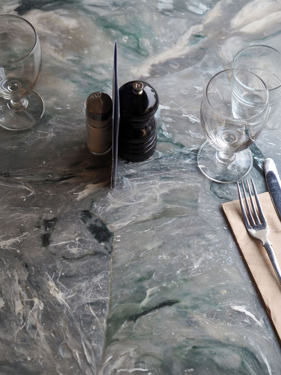 Custom recycled plastic table tops for Angela’s restaurant in Margate UK, marble-effect surfaces made from recycled plastic