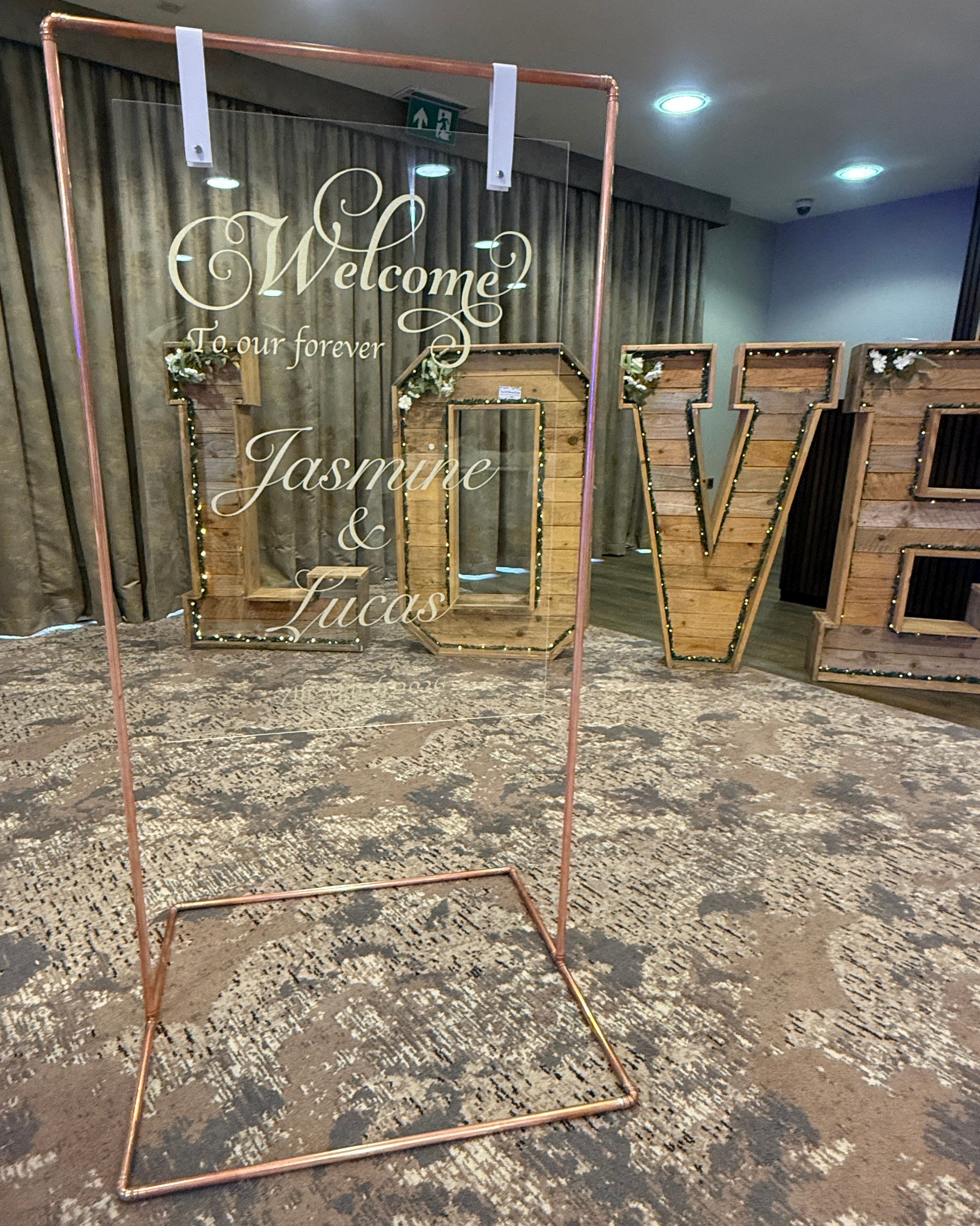 Copper stand for acrylic sign HIRE