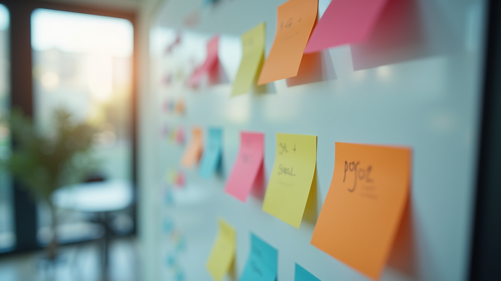 Eye-level view of a project management board with colorful sticky notes