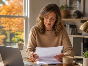 Small-business owner reviewing tax paperwork at a home-office desk in autumn light
