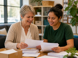 Nonprofit director and volunteer reviewing year-end donor thank-you letters together