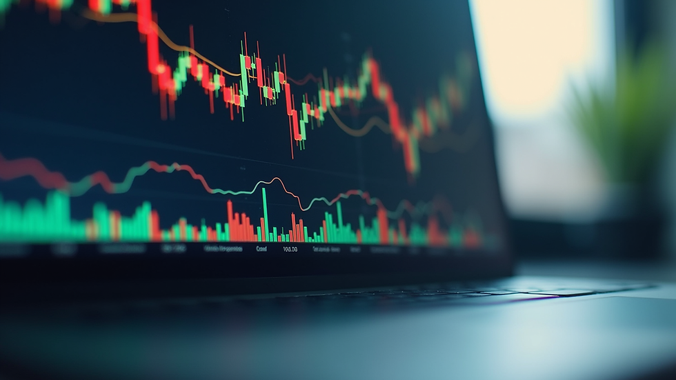 Close-up view of a laptop screen showing financial graphs and charts