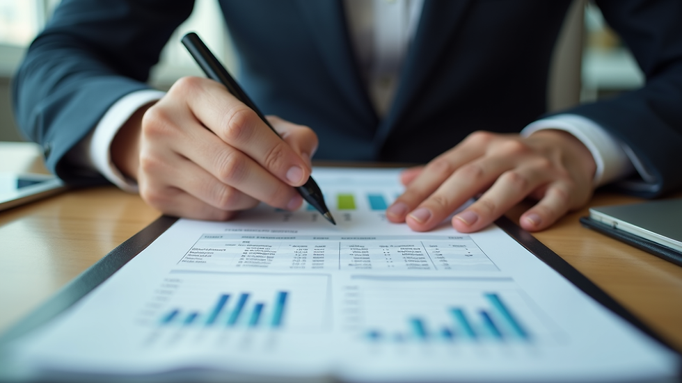 Eye-level view of a small business owner reviewing financial documents at a desk