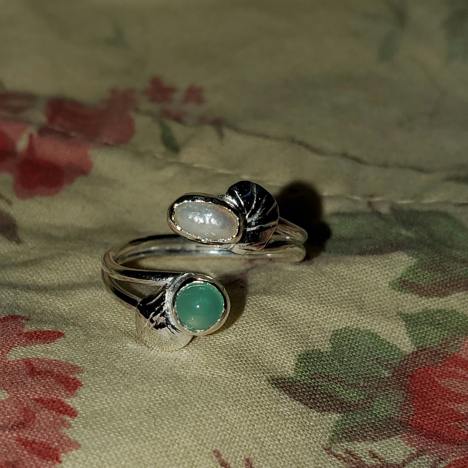 Rice Pearl and Chrysoprase set in Sterling Silver with Mangrove Leaves