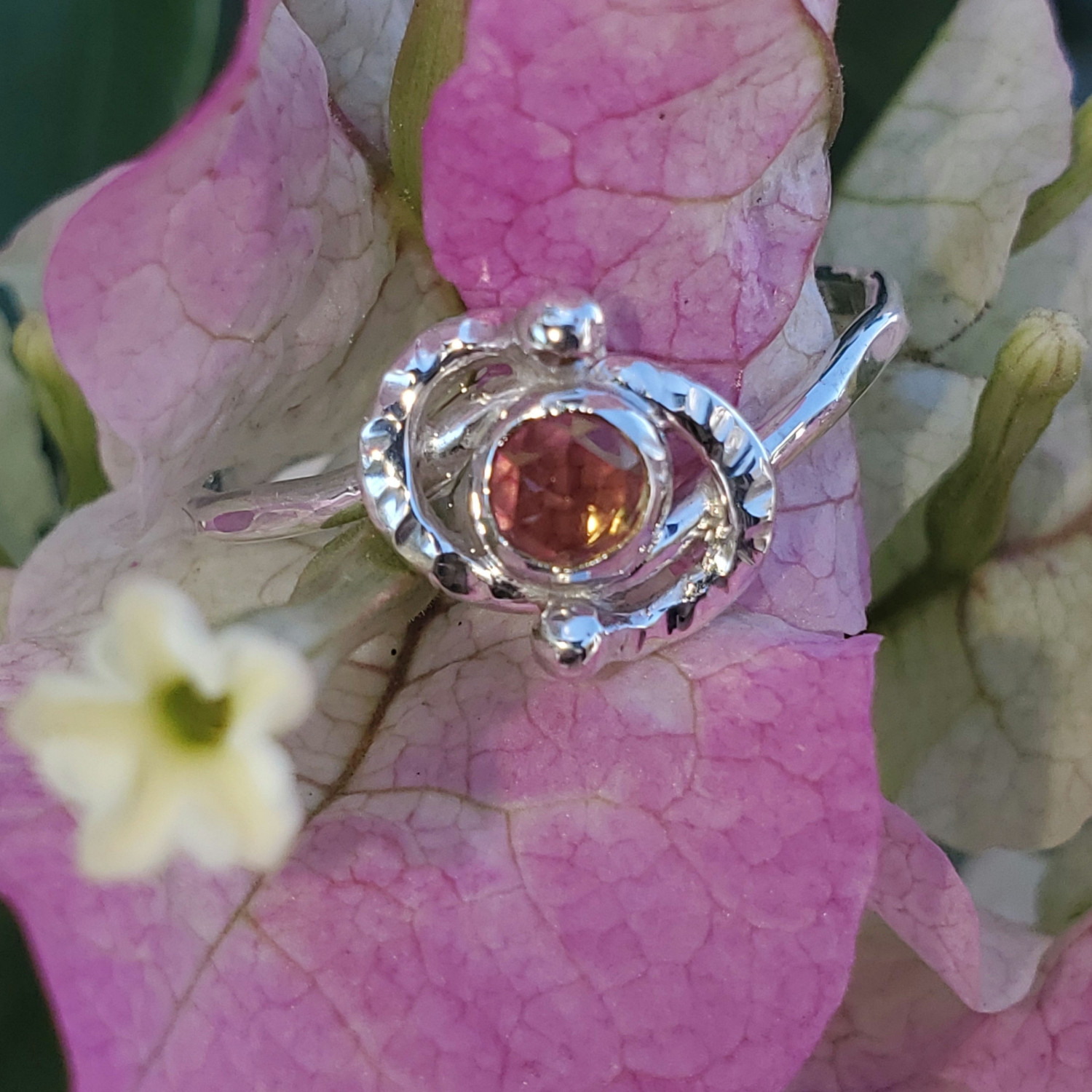 Rose Cut Citrine set in Sterling Silver with Hammered Swirl