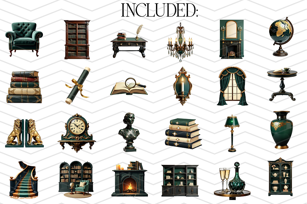 Thumbnail: Old Money Library Clipart Bundle, Art Deco Study Room PNGs