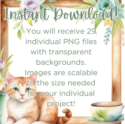 Thumbnail: Spring Cat Café Clipart | Watercolor Coffee Shop Cats | Cozy Café Aesthetic PNGs