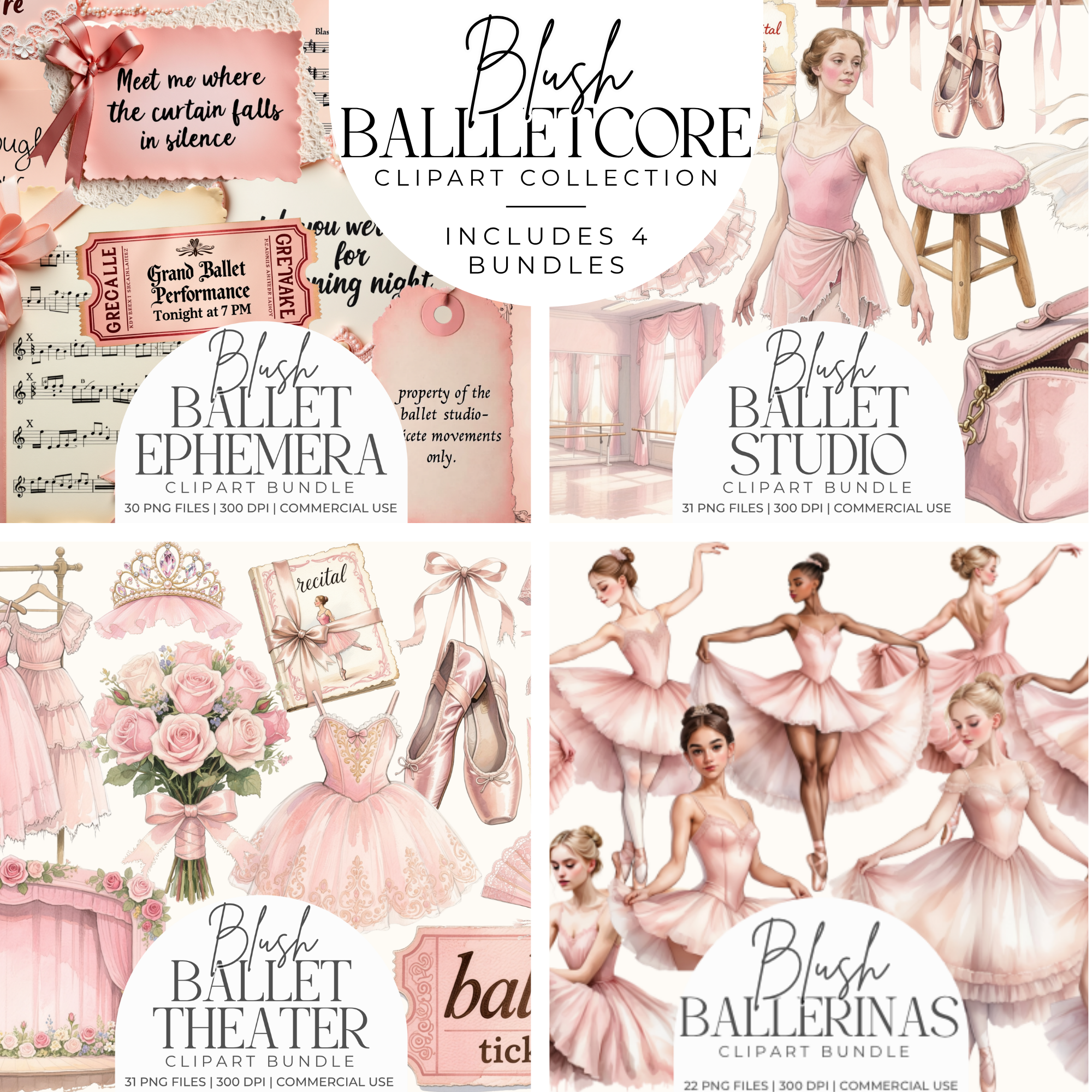 Blush Balletcore Clipart Bundle, Coquette Ballet & Dance PNG Ephemera