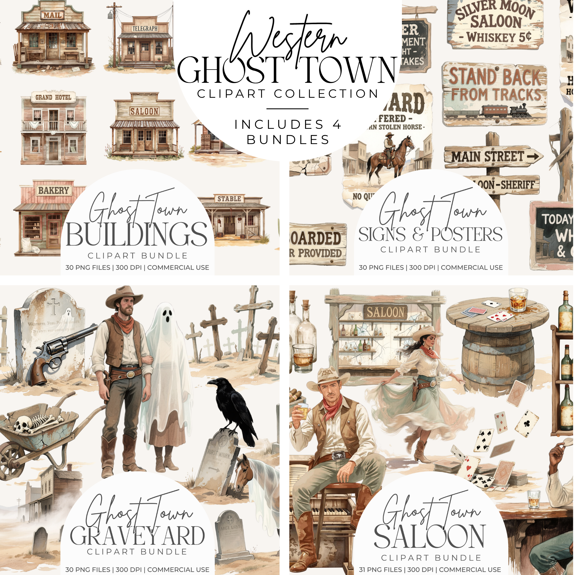 Western Ghost Town Clipart Bundle PNG, Watercolor Old West Cowboy Collection