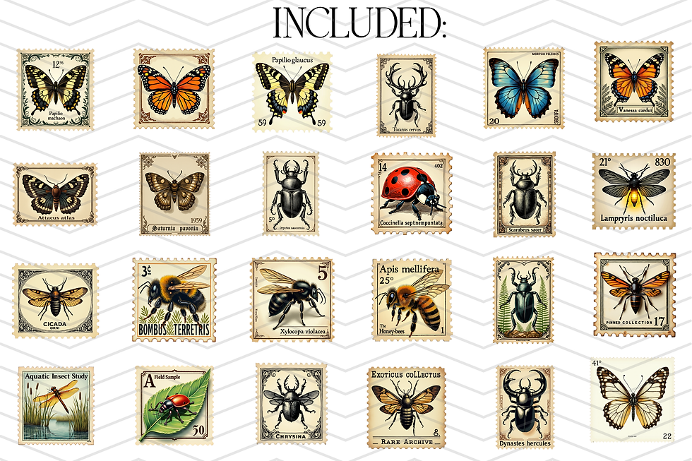 Thumbnail: Vintage Insect Postage Stamp Clipart Bundle, Antique Entomology Illustrations