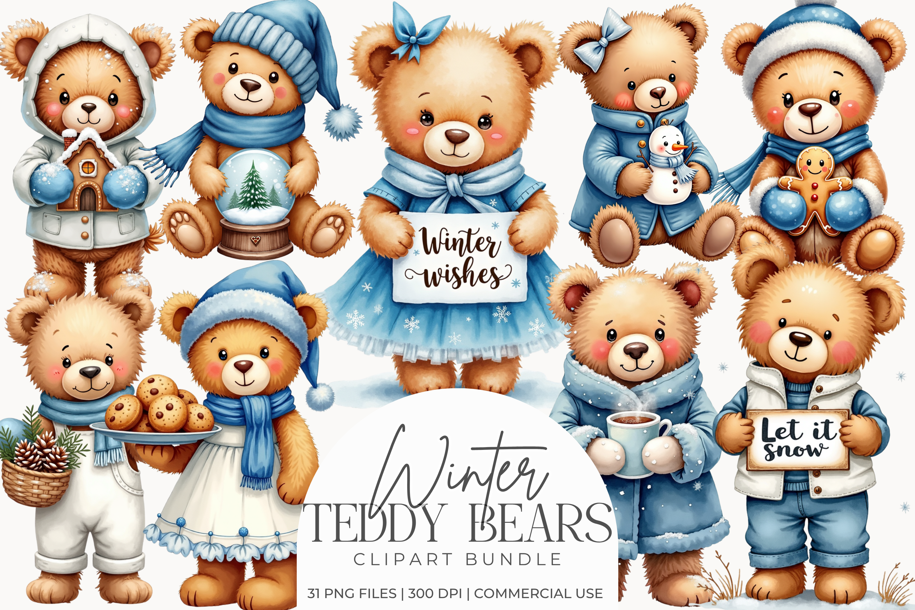 Winter Teddy Bears Watercolor Clipart, Cute Snow Animal PNG Bundle