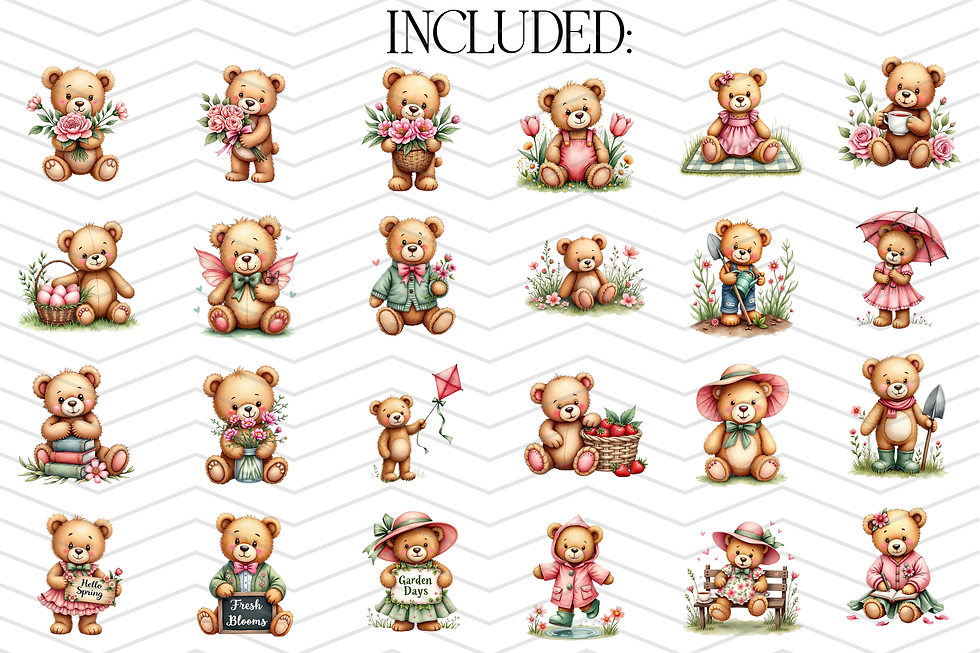 Thumbnail: Spring Teddy Bear Clipart Bundle, Watercolor Floral Bears PNGs