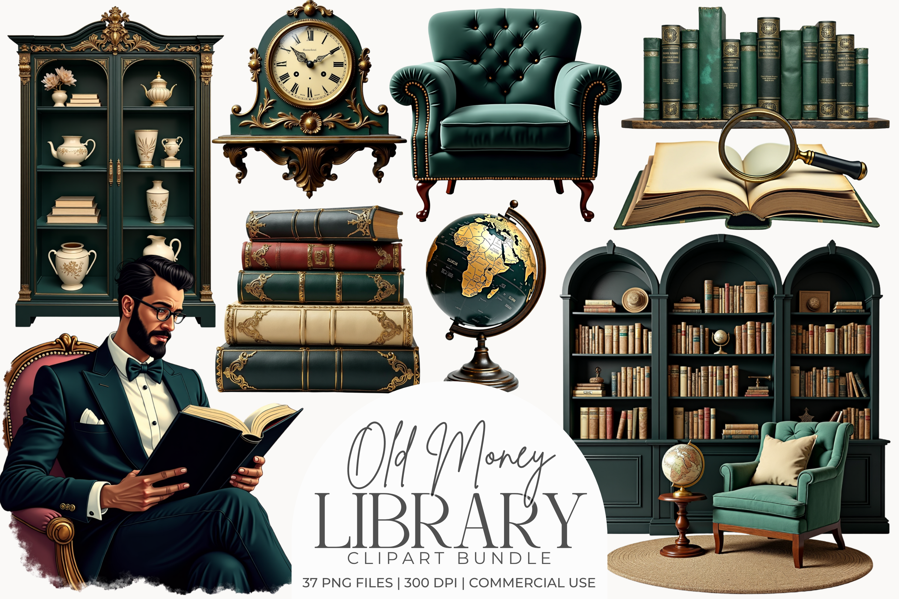 Old Money Library Clipart Bundle, Art Deco Study Room PNGs