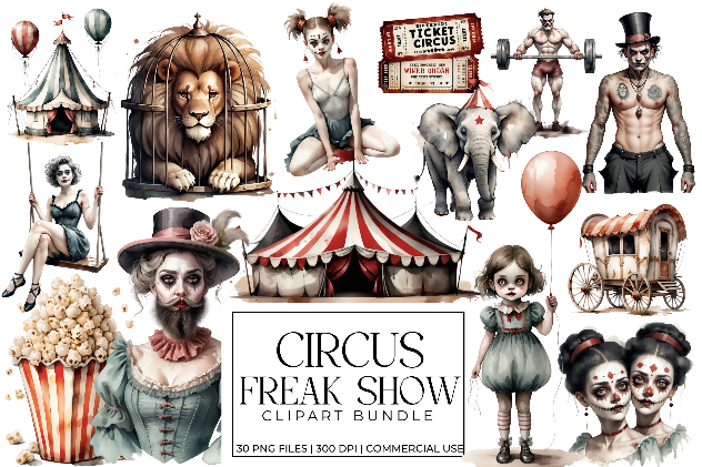 Circus Freak Show Clipart Bundle | Vintage Haunted Circus Oddities PNGs