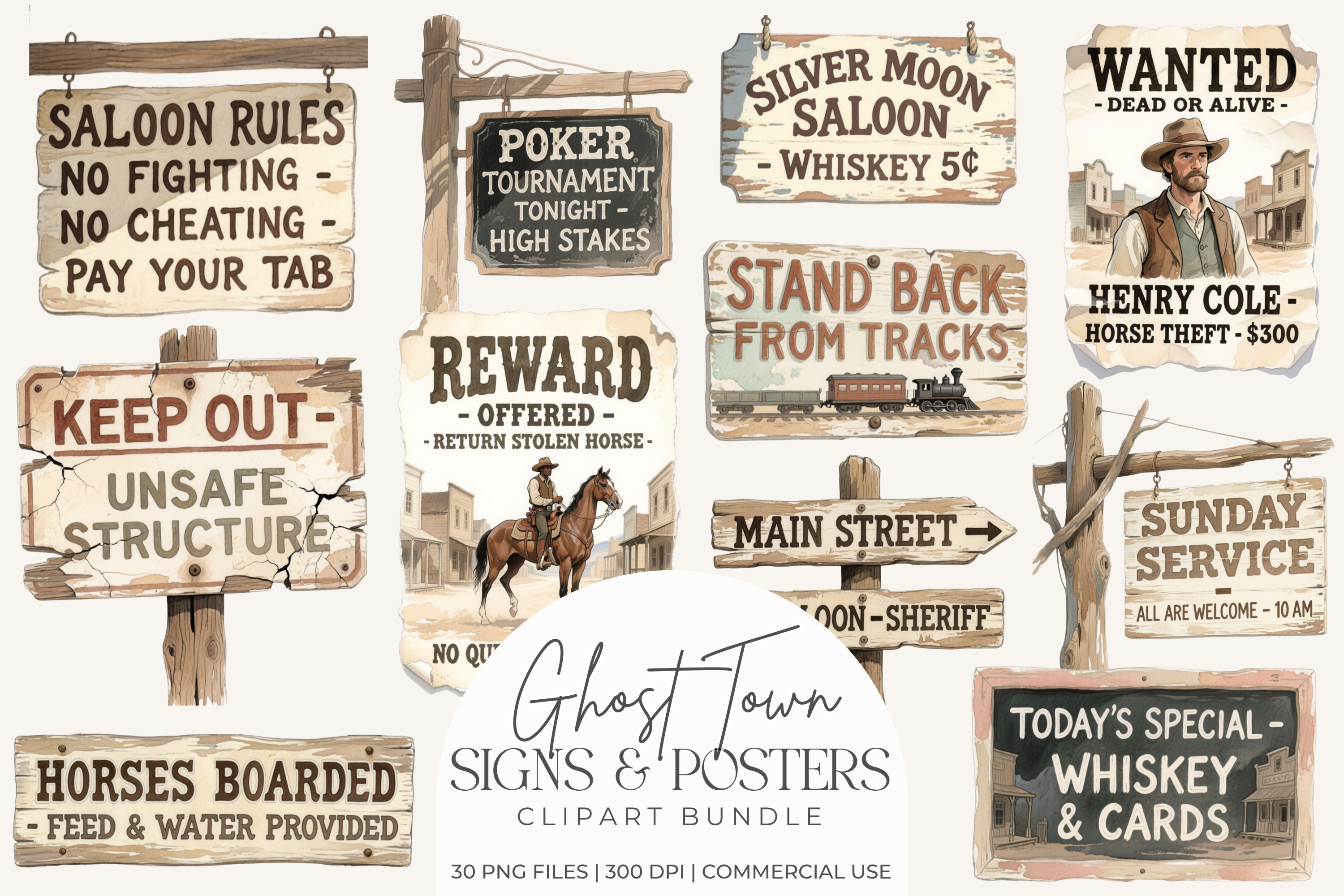 Western Ghost Town Signs Clipart PNG, Cowboy Wanted Posters Ephemera Set